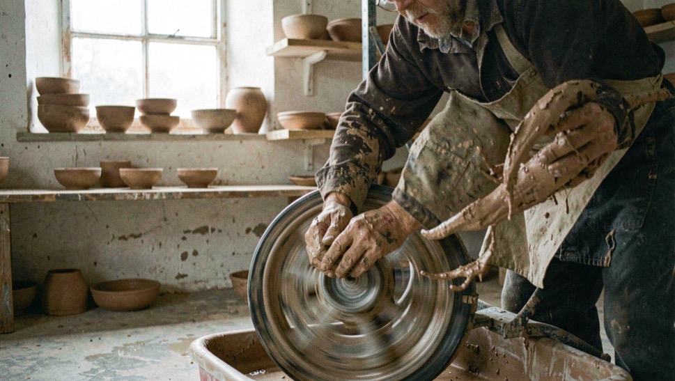 A trimmer leaning over a spinning wheel in a low studio, wet clay ribs in hand, shelves of bone-dry bowls waiting behind a small window